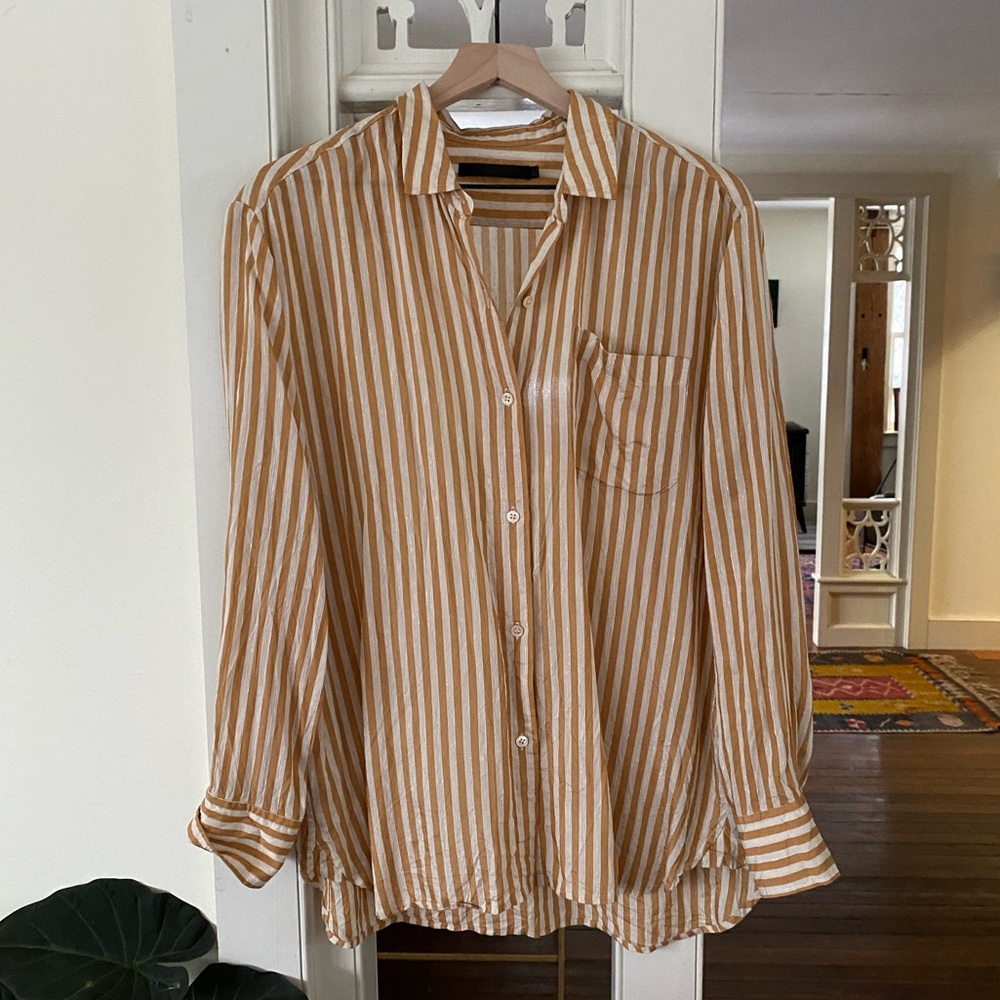 Jenni Kayne Awning-Stripe Silk Shirt in mustard and cream - sz L
